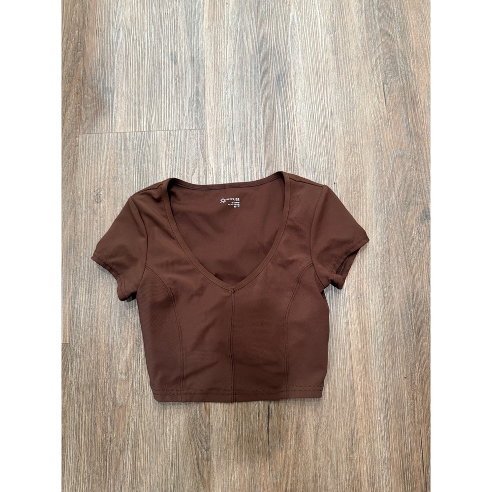OFFLINE by Aerie Goals Ribbed Short Sleeve V-Neck Crop Top Brown XS Activewear
